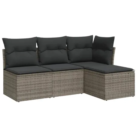Salon de jardin 4 pcs avec coussins gris résine tressée