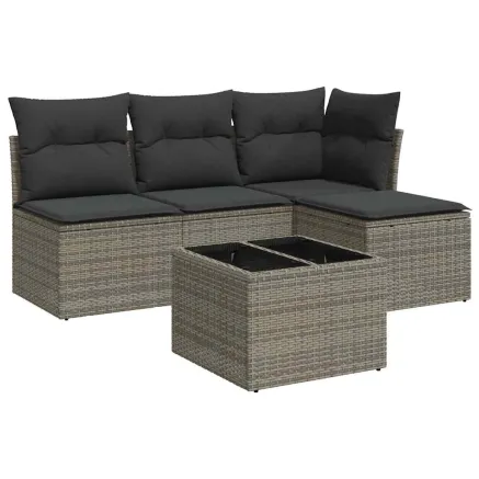 Salon de jardin 5 pcs avec coussins gris résine tressée 2