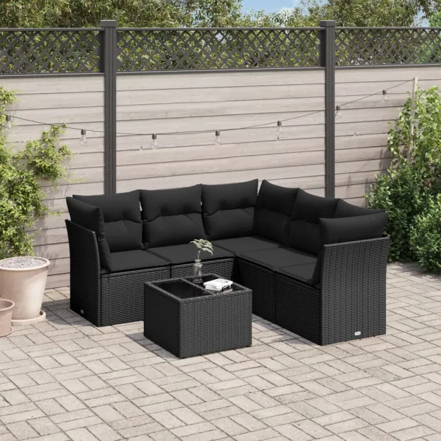 Salon de jardin 6 pcs avec coussins noir résine tressée
