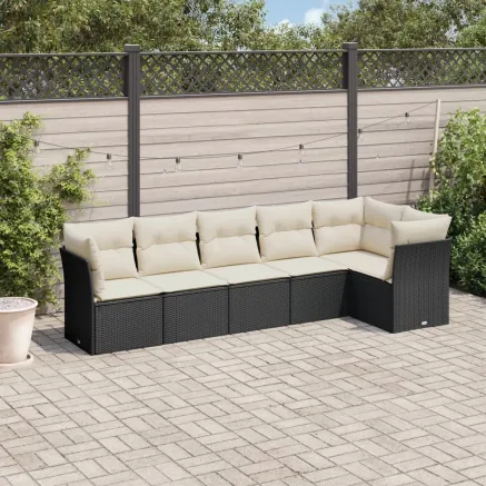 Salon de jardin 6 pcs avec coussins noir résine tressée