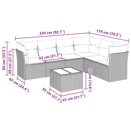 Salon de jardin 7 pcs avec coussins noir résine tressée