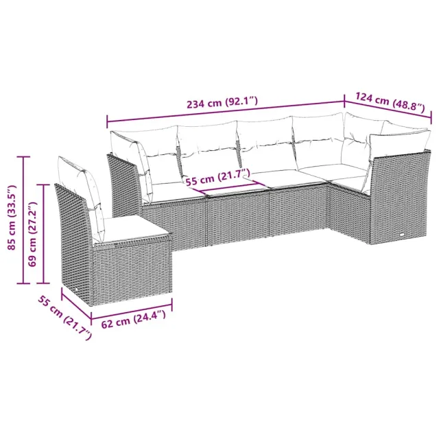 Salon de jardin 6 pcs avec coussins noir résine tressée