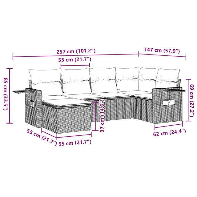 Salon de jardin 7 pcs avec coussins noir résine tressée