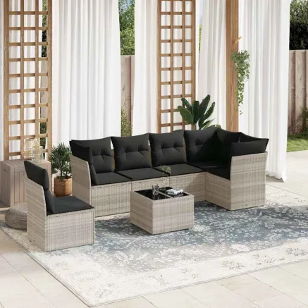 Salon de jardin avec coussins 7 pcs gris clair résine tressée