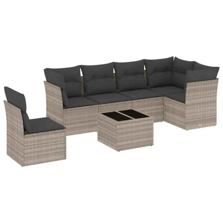 Salon de jardin avec coussins 7 pcs gris clair résine tressée 2