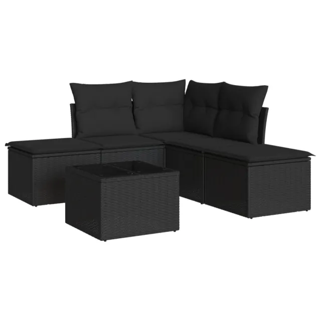 Salon de jardin 6 pcs avec coussins noir résine tressée