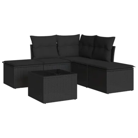 Salon de jardin 6 pcs avec coussins noir résine tressée