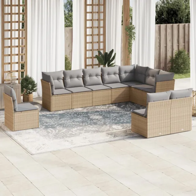 Salon de jardin avec coussins 10 pcs beige résine tressée