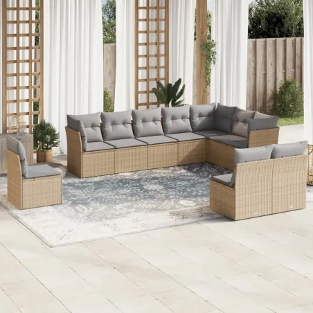 Salon de jardin avec coussins 10 pcs beige résine tressée