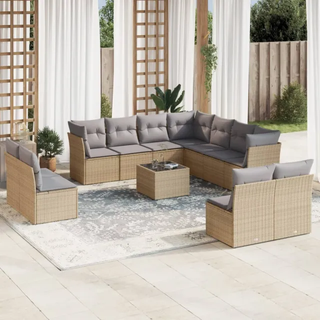 Salon de jardin avec coussins 12 pcs beige résine tressée