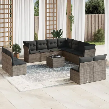 Salon de jardin avec coussins 12 pcs gris résine tressée