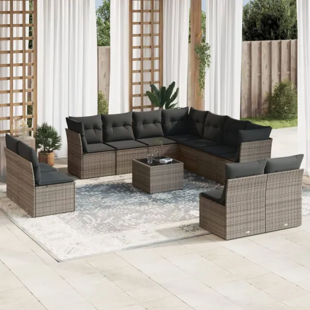Salon de jardin avec coussins 12 pcs gris résine tressée