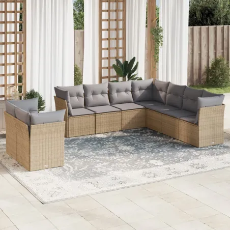 Salon de jardin avec coussins 9 pcs beige résine tressée