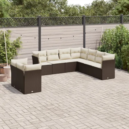 Salon de jardin avec coussins 9 pcs marron résine tressée