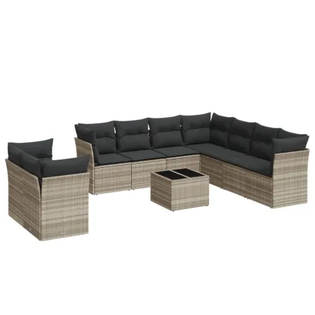 Salon de jardin avec coussins 10 pcs gris clair résine tressée