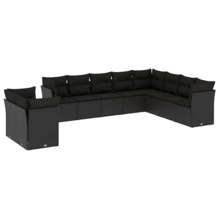 Salon de jardin 10 pcs avec coussins noir résine tressée