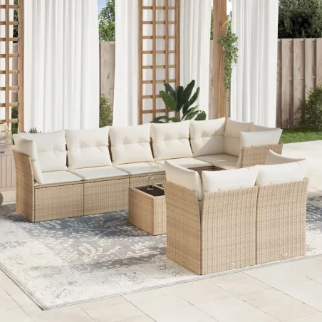 Salon de jardin avec coussins 9 pcs beige résine tressée