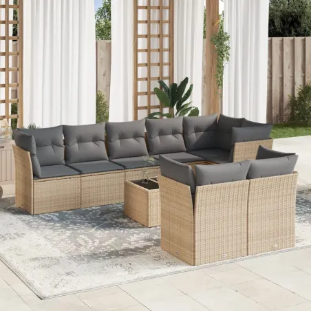 Salon de jardin avec coussins 9 pcs beige résine tressée