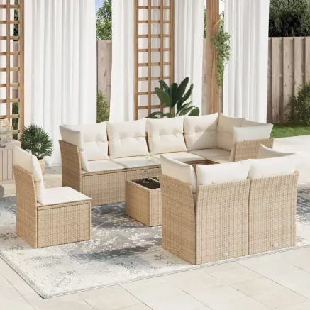 Salon de jardin avec coussins 9 pcs beige résine tressée