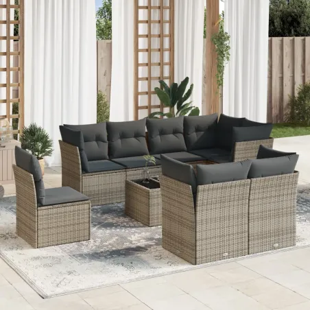 Salon de jardin 9 pcs avec coussins gris résine tressée