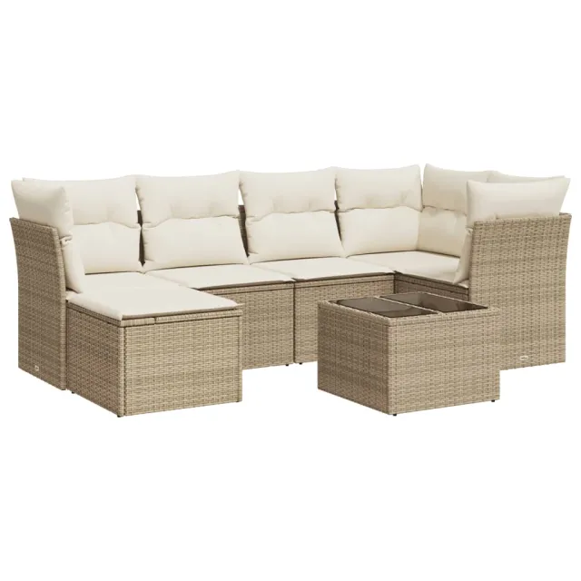 Salon de jardin avec coussins 7 pcs beige résine tressée