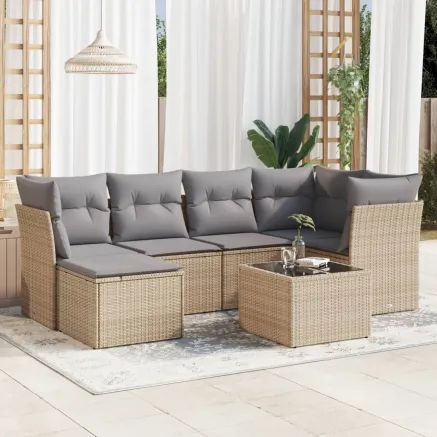 Salon de jardin avec coussins 7 pcs beige résine tressée