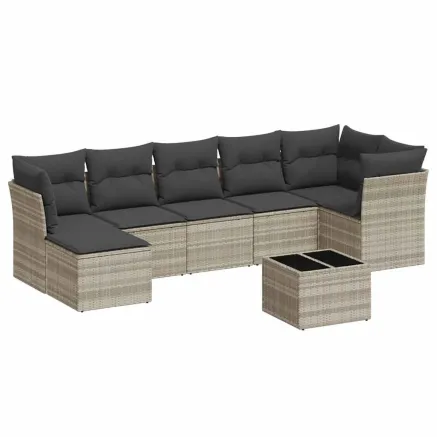 Salon de jardin 8 pcs avec coussins gris clair résine tressée 2