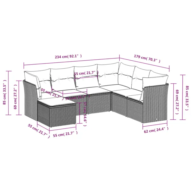 Salon de jardin avec coussins 7 pcs gris résine tressée