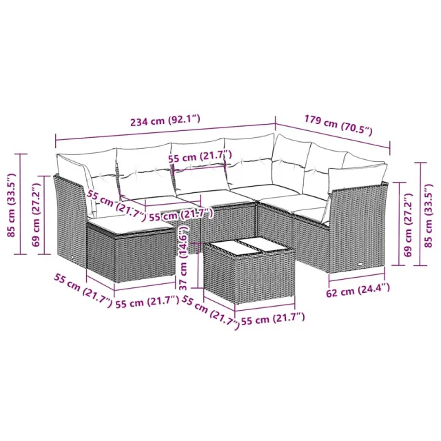 Salon de jardin 8 pcs avec coussins noir résine tressée