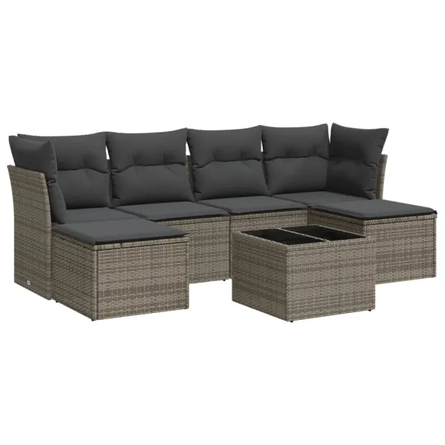 Salon de jardin avec coussins 7 pcs gris résine tressée