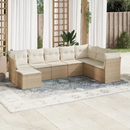 Salon de jardin avec coussins 8 pcs beige résine tressée