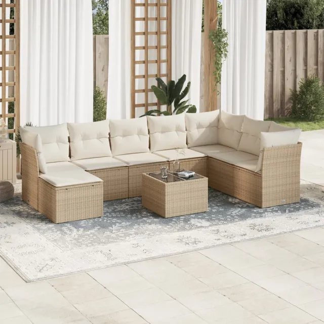 Salon de jardin avec coussins 9 pcs beige résine tressée