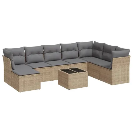 Salon de jardin avec coussins 9 pcs beige résine tressée