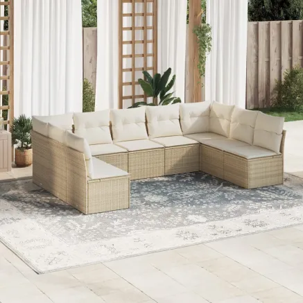 Salon de jardin avec coussins 9 pcs beige résine tressée