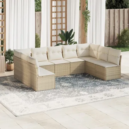 Salon de jardin avec coussins 9 pcs beige résine tressée