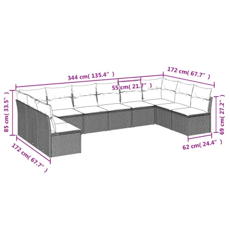Salon de jardin avec coussins 10 pcs beige résine tressée