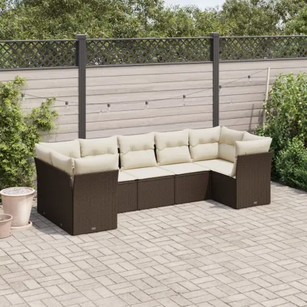 Salon de jardin avec coussins 7 pcs marron résine tressée