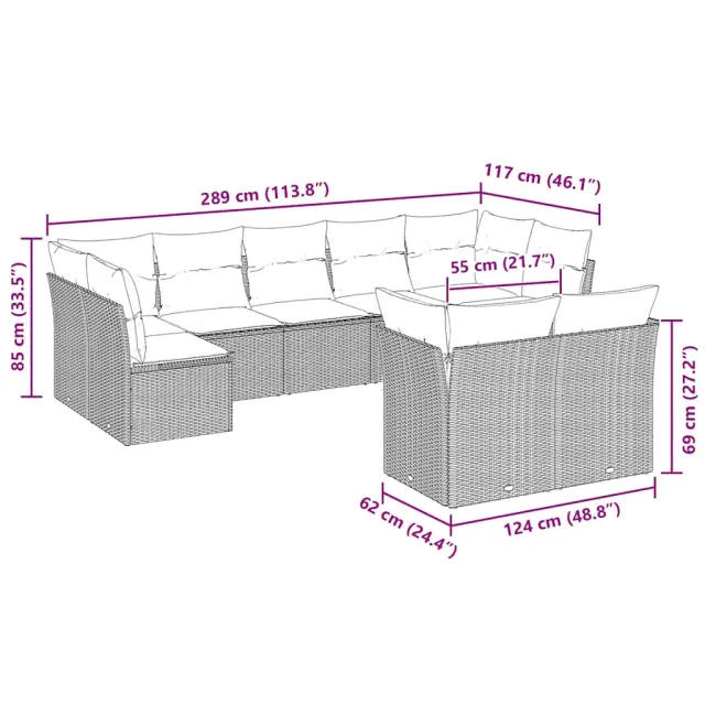 Salon de jardin 9 pcs avec coussins gris clair résine tressée
