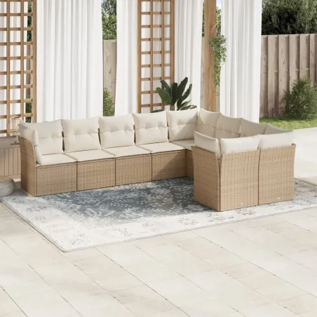 Salon de jardin avec coussins 9 pcs beige résine tressée