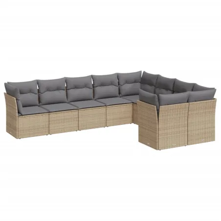 Salon de jardin avec coussins 9 pcs beige résine tressée