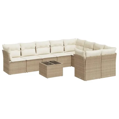 Salon de jardin avec coussins 10 pcs beige résine tressée