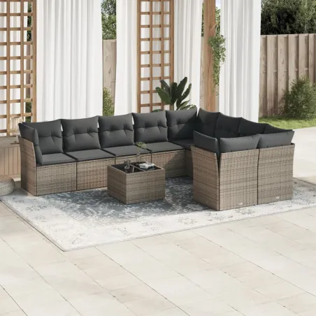 Salon de jardin avec coussins 10 pcs gris résine tressée