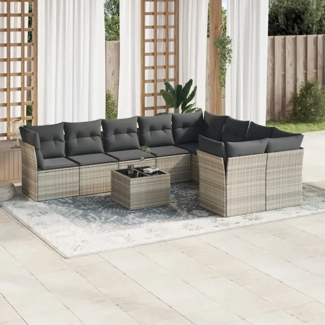 Salon de jardin avec coussins 10 pcs gris clair résine tressée