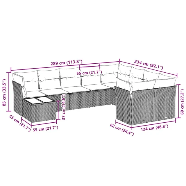 Salon de jardin avec coussins 10 pcs gris clair résine tressée