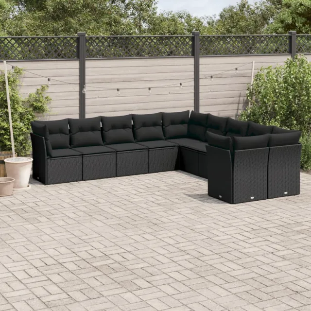 Salon de jardin 10 pcs avec coussins noir résine tressée