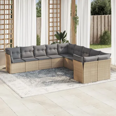 Salon de jardin avec coussins 10 pcs beige résine tressée