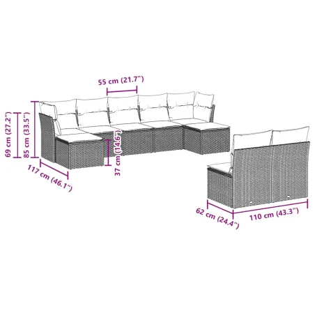 Salon de jardin 9 pcs avec coussins noir résine tressée
