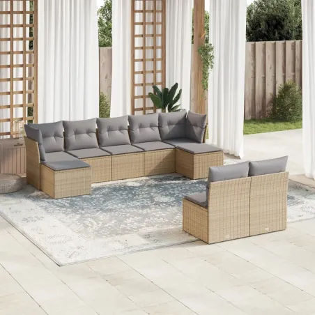 Salon de jardin avec coussins 9 pcs beige résine tressée
