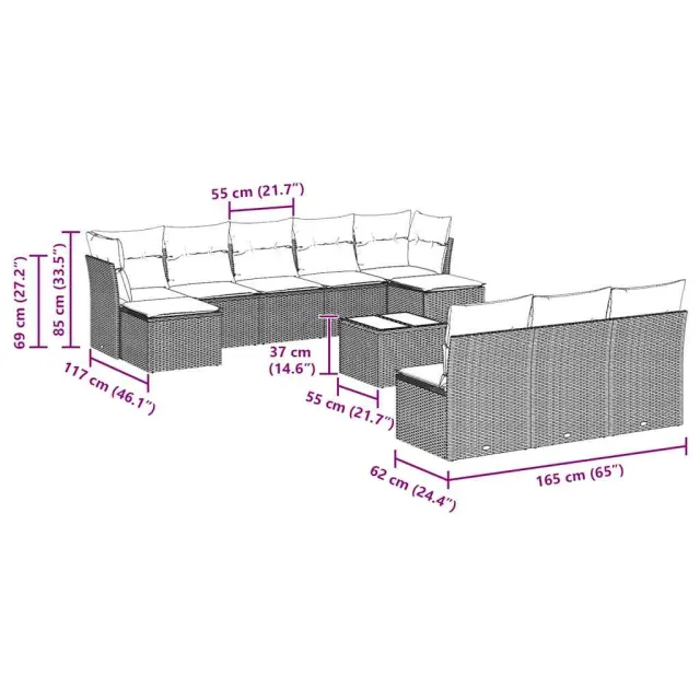 Salon de jardin 11 pcs avec coussins gris clair résine tressée