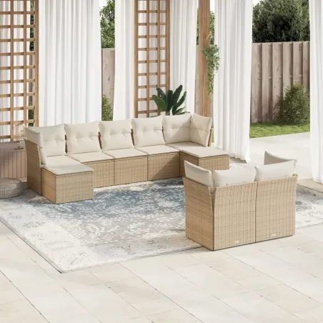 Salon de jardin avec coussins 9 pcs beige résine tressée